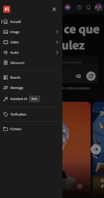 Adobe Firefly app menu with image, video, audio, Boards, editing, AI Assistant beta, and files