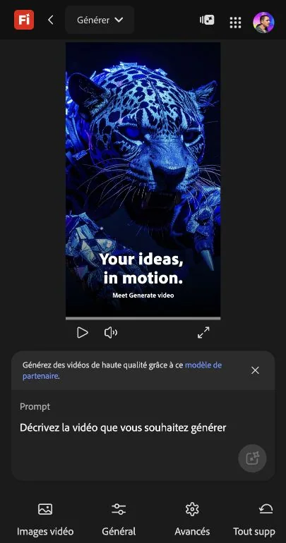 Adobe Firefly video generator app with prompt field, sample video preview, model context, and advanced controls