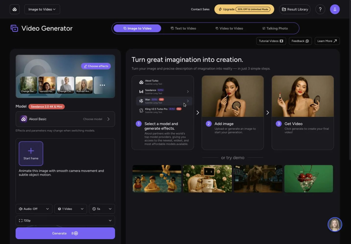 Akool image-to-video editor with model selection, start frame upload, prompt controls, generation settings, and demo examples