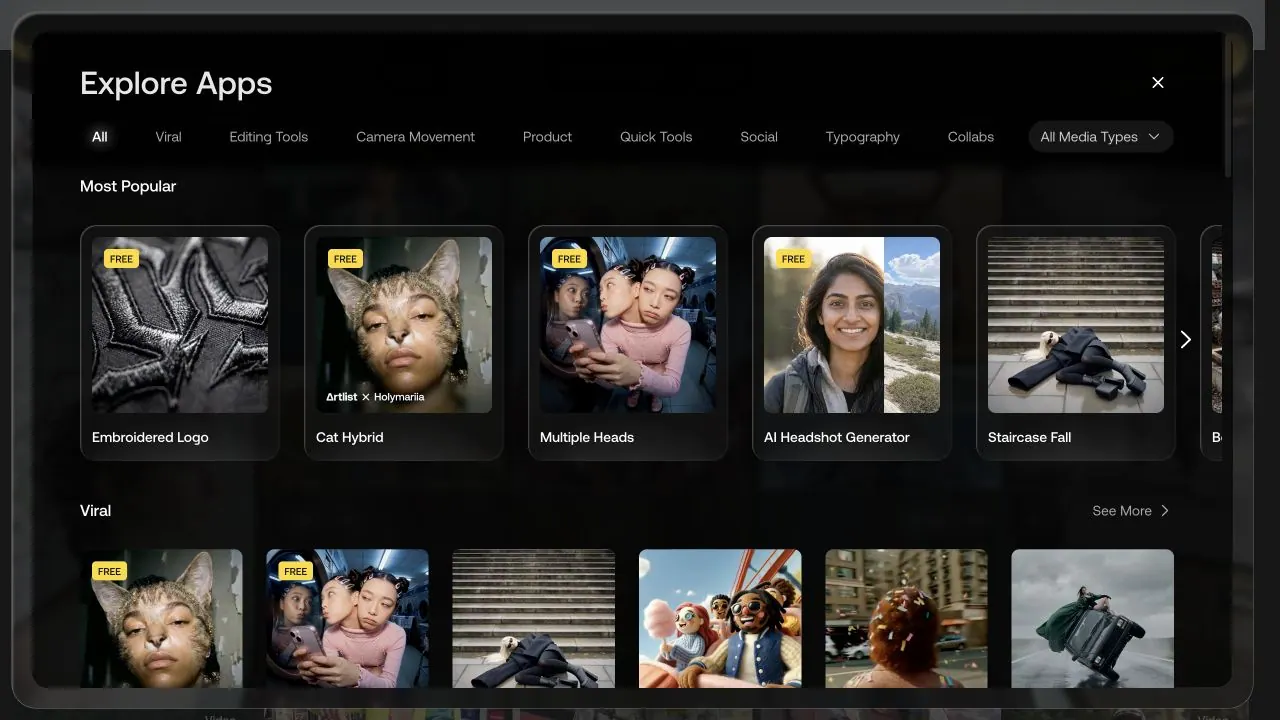 Artlist Apps catalog with filters and trend-style visual app presets