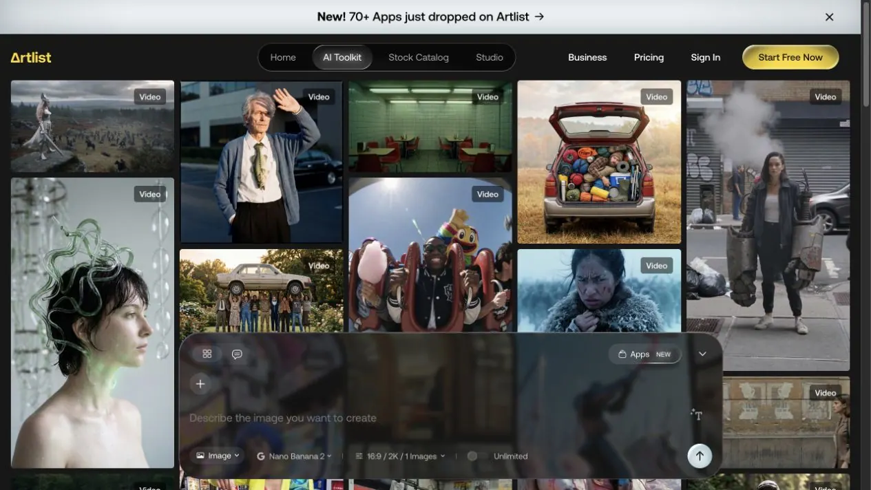 Artlist AI Toolkit showing the prompt composer, model selector, image/video settings, and generate control