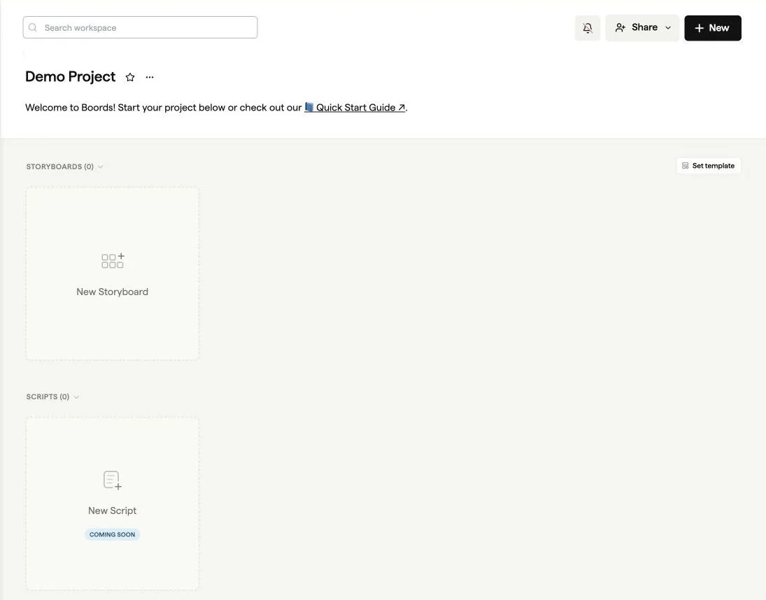 Boords app project workspace with storyboard and script entry points