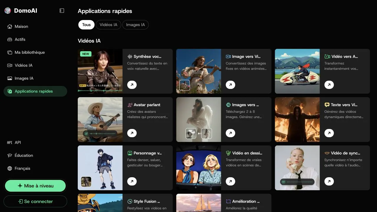 Domo AI quick apps catalog showing video, avatar, lip sync, enhancement, image editing, face swap, restoration, and anime tools