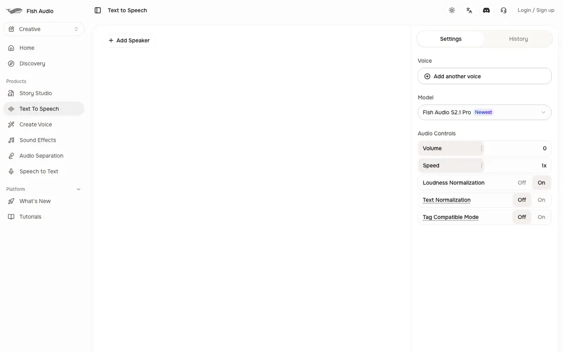 Fish Audio text-to-speech workspace with model and audio controls