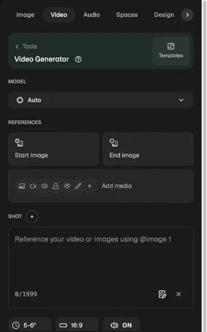 Freepik Magnific AI video generator app with model, references, prompt, duration, ratio, and audio controls