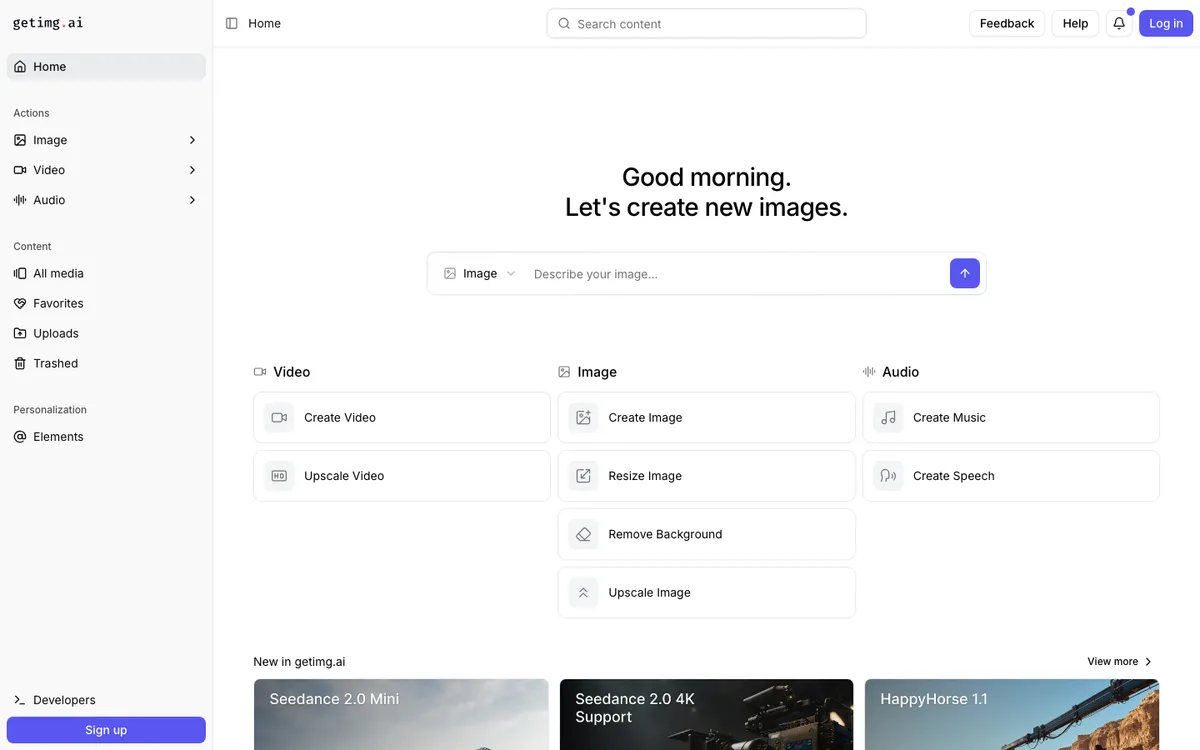 Getimg app dashboard with image, video, audio, media, uploads, and Elements actions