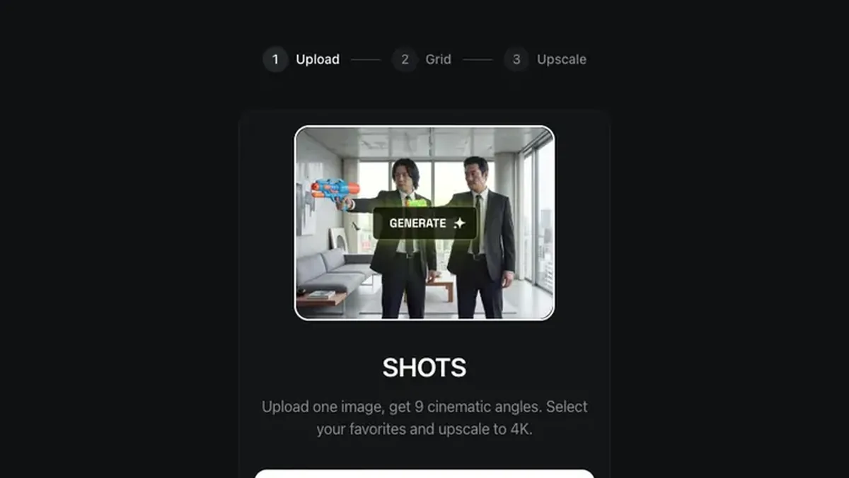 Higgsfield Shots app upload screen for generating storyboard angles from one image