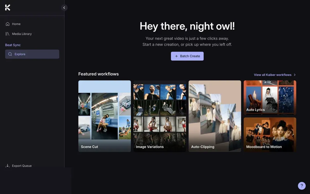 Kaiber Beat Sync app showing Batch Create and featured workflows