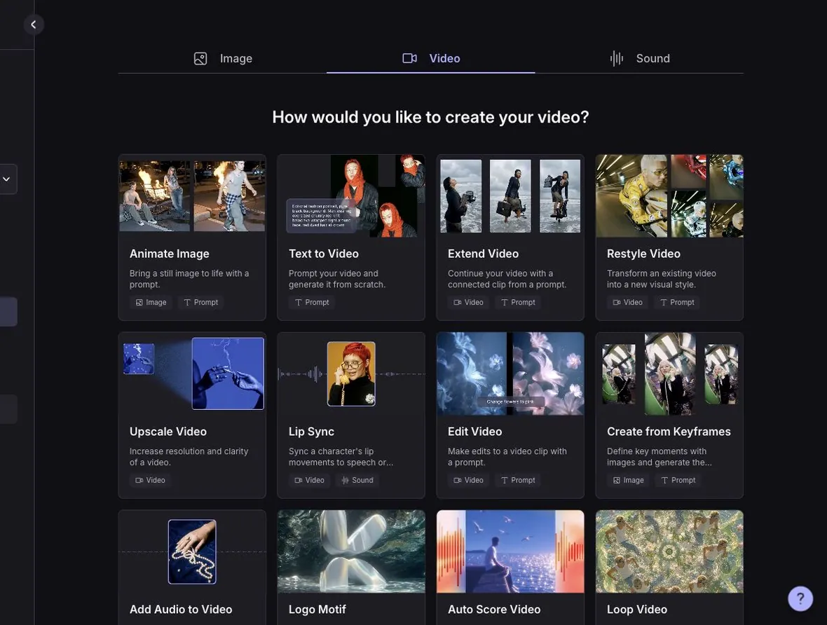 Kaiber Canvas Create Video menu with AI video workflows