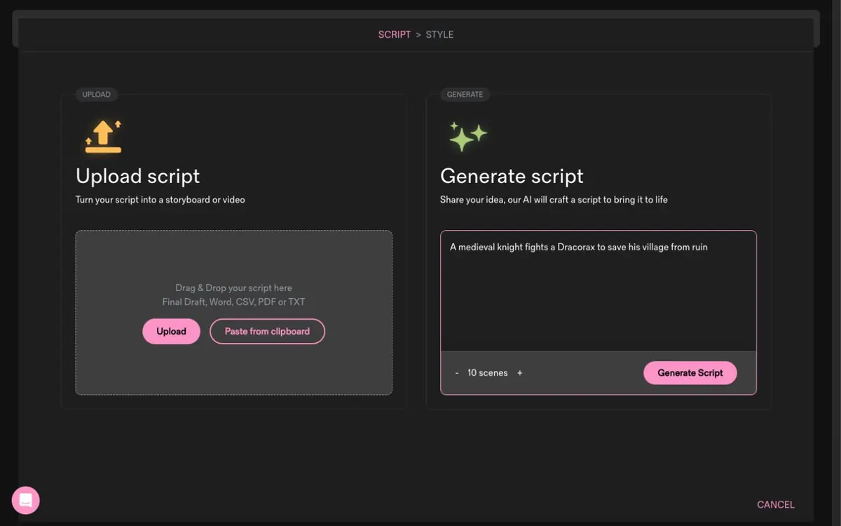 Katalist script workflow with upload support and AI script generation