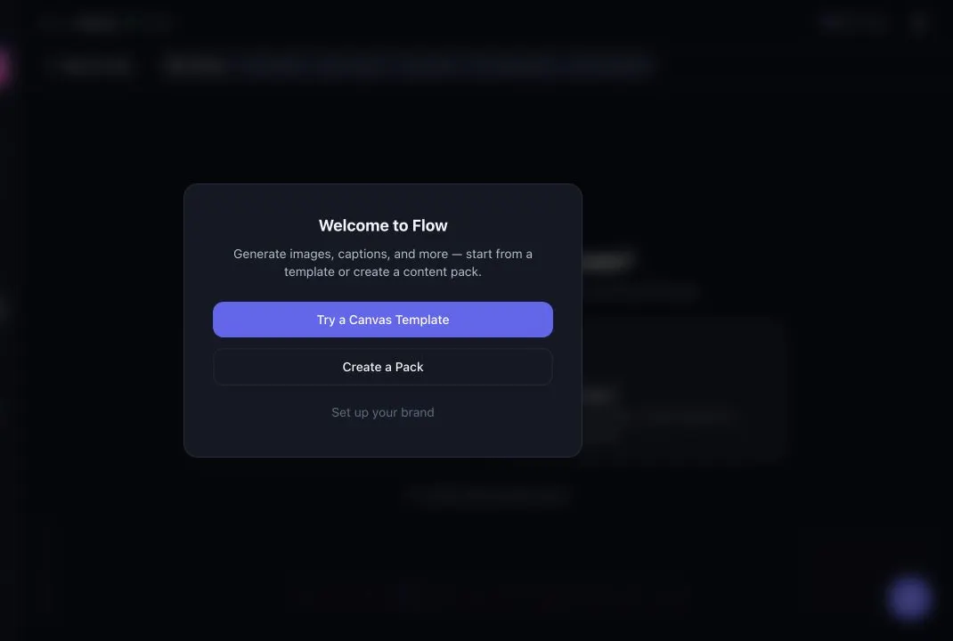 LensGo Flow Canvas welcome screen for generating images, captions, and content packs from templates or a custom pack.