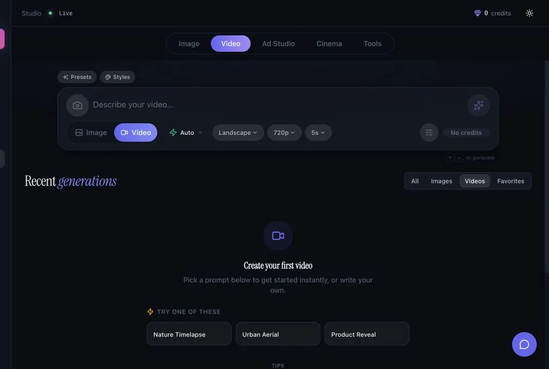 LensGo video generator showing prompt composer, image/video mode selector, landscape format, 720p, and 5-second duration controls.