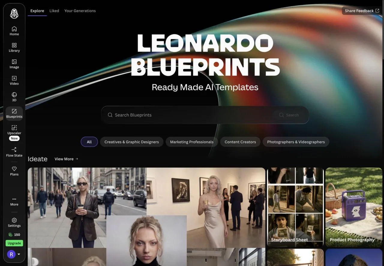 Leonardo AI Blueprints page with searchable AI templates for creators, marketers, and visual workflows