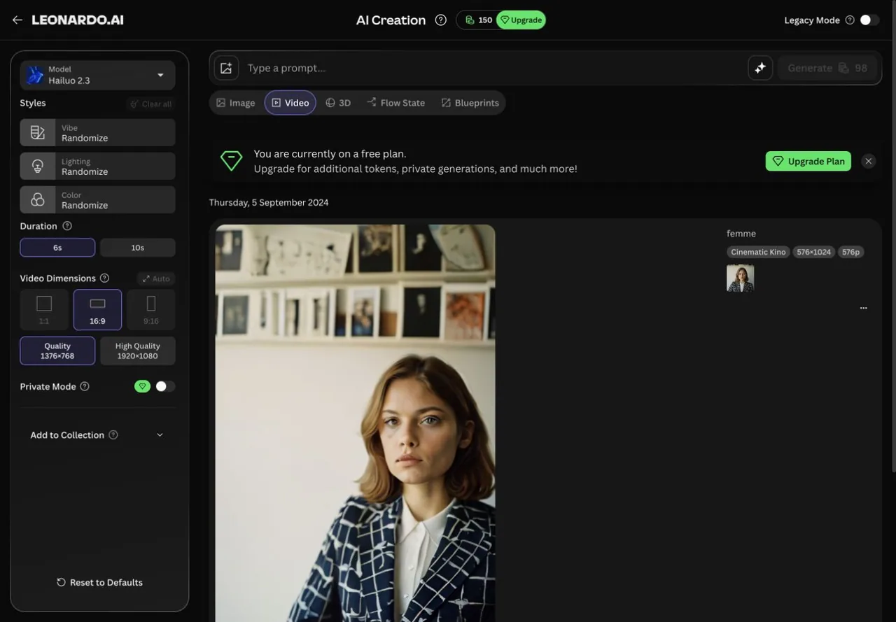 Leonardo AI video generator with Hailuo 2.3 selected, duration controls, prompt box, token cost, and recent generations