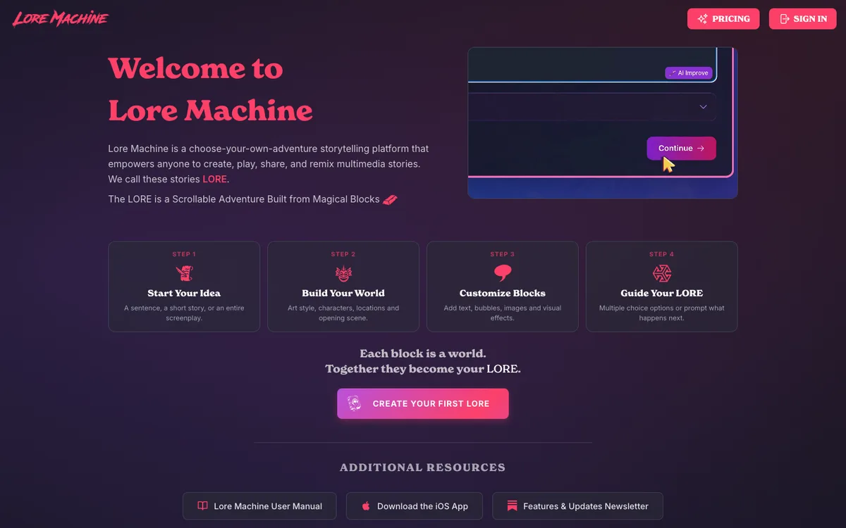 Lore Machine start page explaining idea, world, blocks, and choice-driven LORE flow