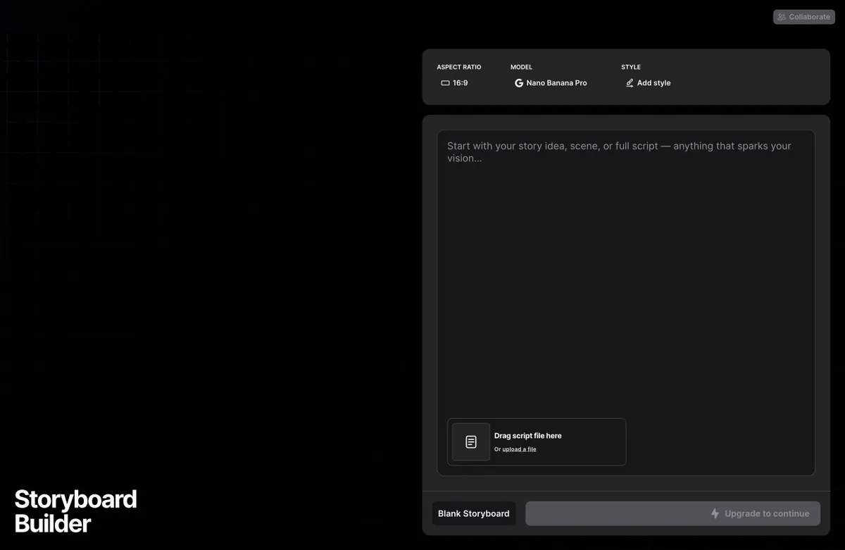 LTX Studio Storyboard Builder with script prompt, aspect ratio, model selection, style, and script upload