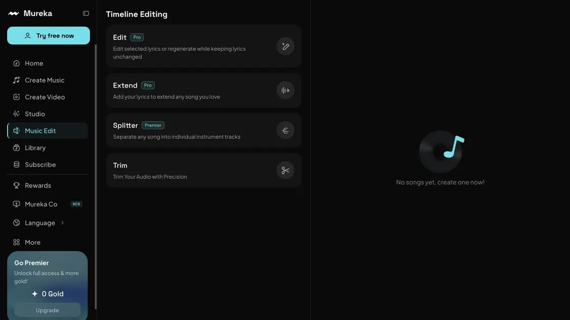 Mureka Music Edit workspace with timeline editing, Edit, Extend, Splitter, and Trim tools