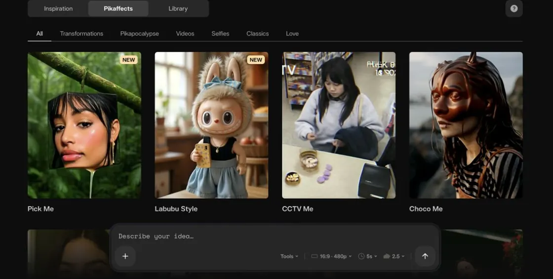 Pika Pikaffects app with effect categories and cards such as Pick Me, Labubu Style, CCTV Me, and Choco Me