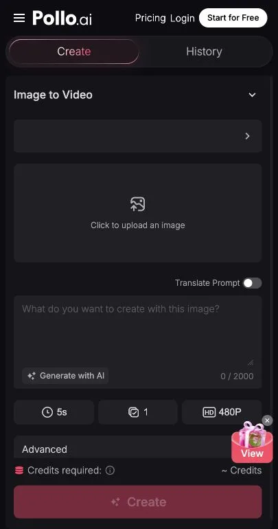 Pollo AI image-to-video panel with upload, prompt, duration, resolution, advanced options, and credit estimate