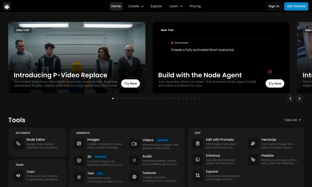 Scenario app dashboard with Node Agent, P-Video Replace, and tool grid
